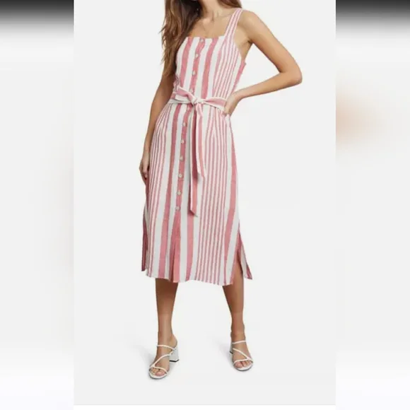 Striped Button Front Sleeveless Dress with Belt - Picture 7 of 8
